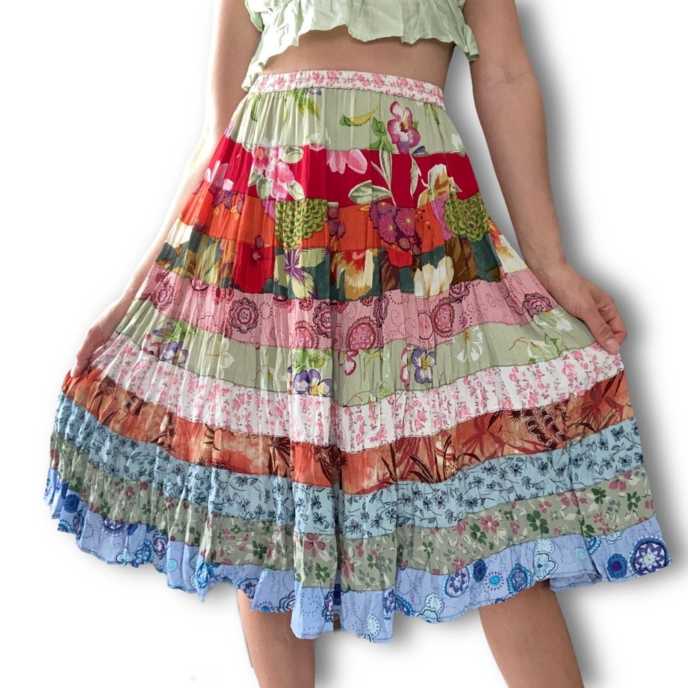 Vintage Patchwork Midi Skirt Peasant Prairie Boho Bohemian Floral Fairy